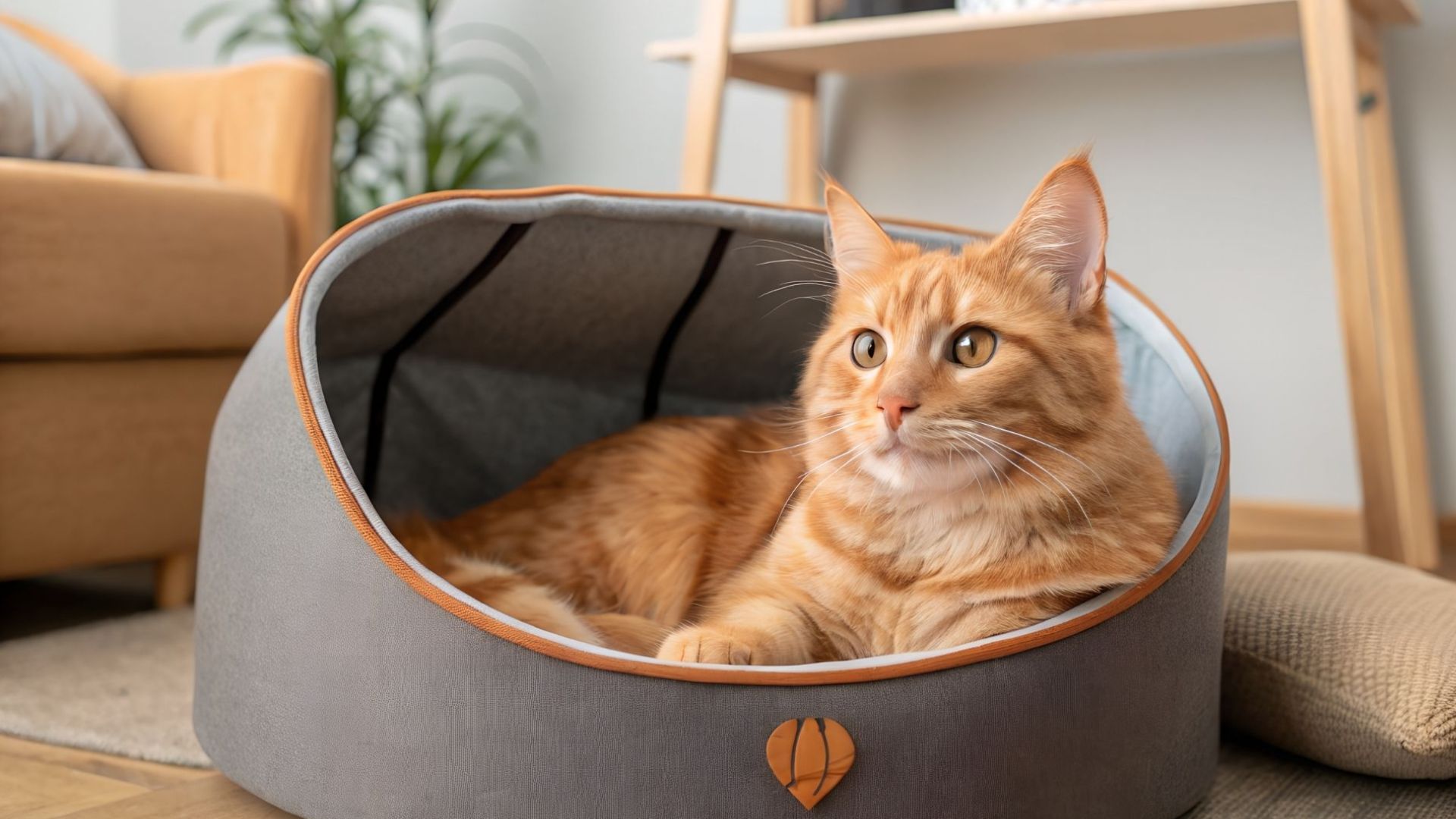 An orange tabby cat rests in a gray and orange cat bed